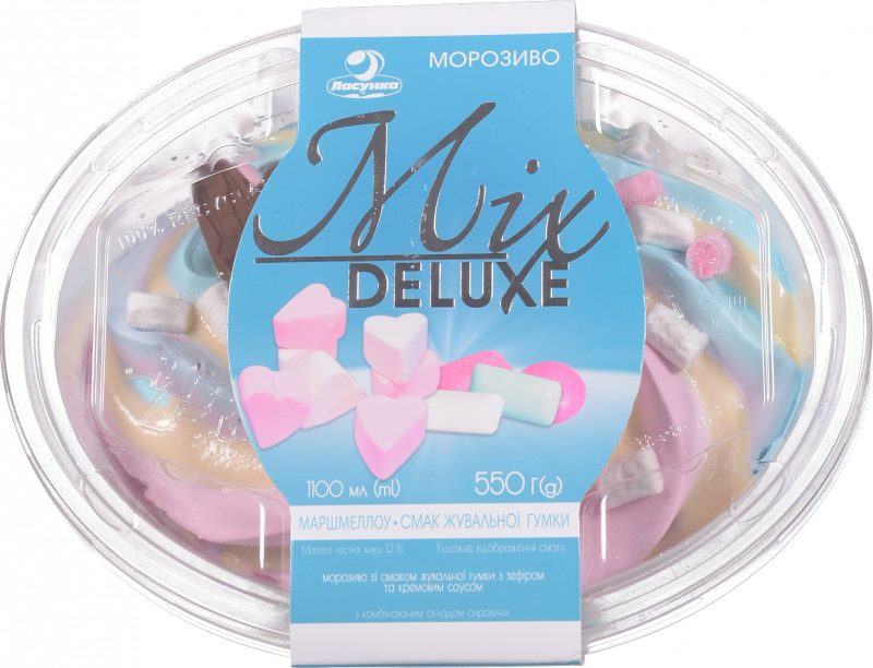 Морозиво Ласунка Mix Deluxe 550 г з ремовим соусом та маршмелоу