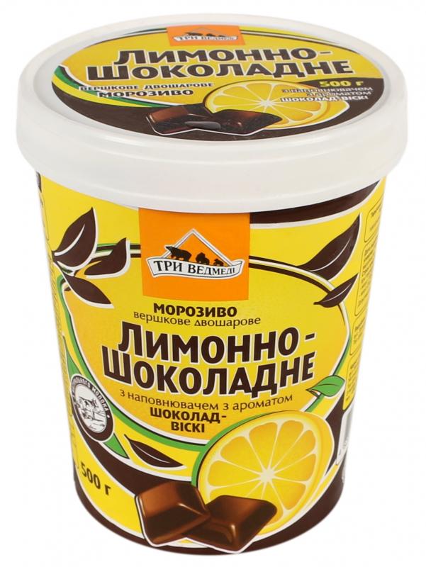 Морозиво Три Ведмеді Лимонно-шоколадне 500 г в картонному стаканчику з наповнювачем Шоколад-віскі